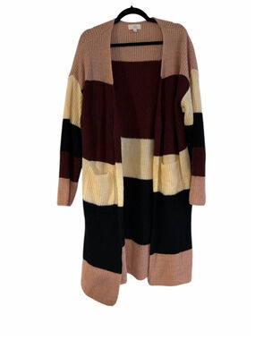 Feel In Color Block Open Front Cardigan - Black Purple Pink Cream - Size Medium